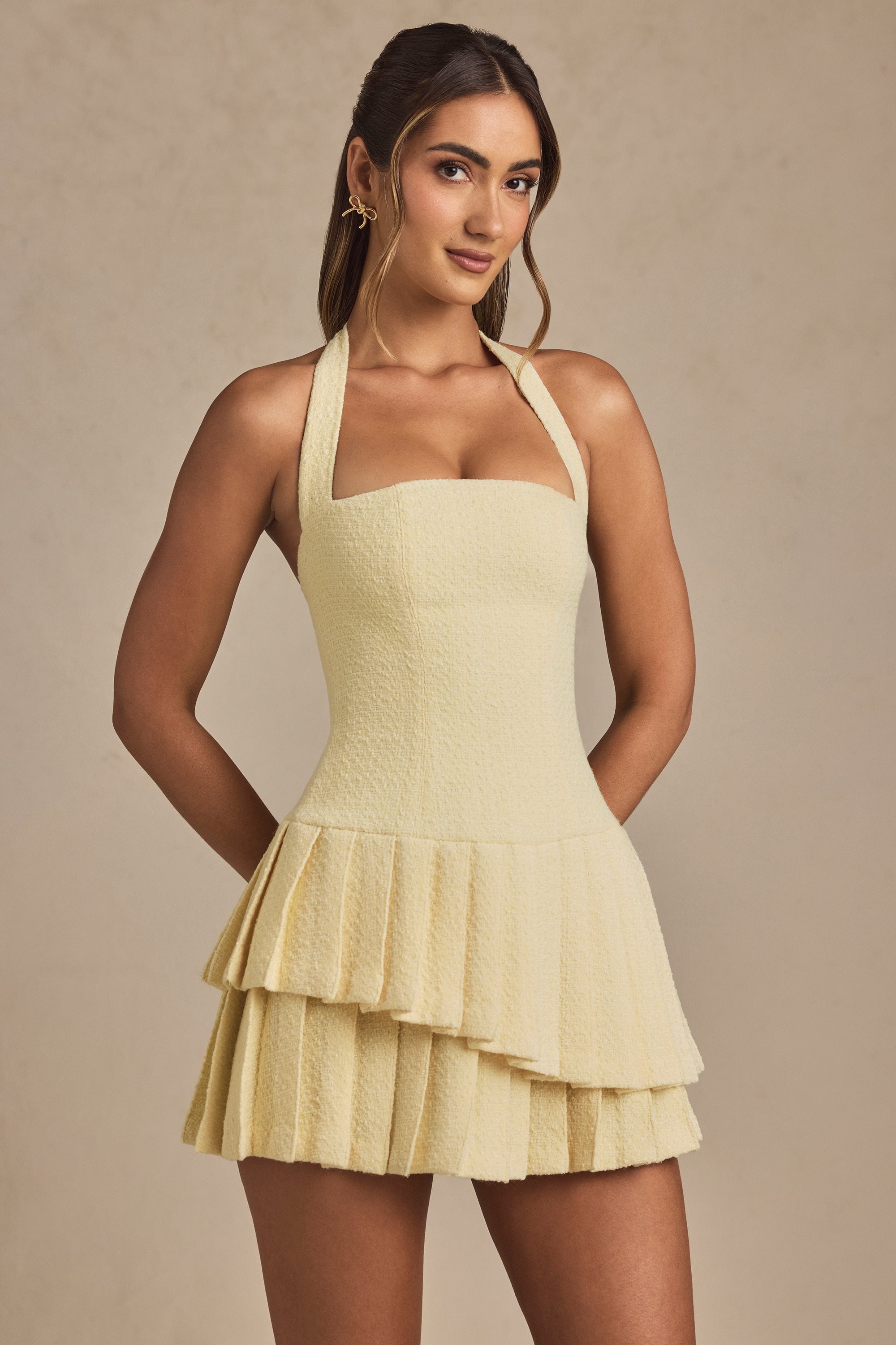 Asymmetric Layered Halterneck Mini Dress in Pastel Yellow