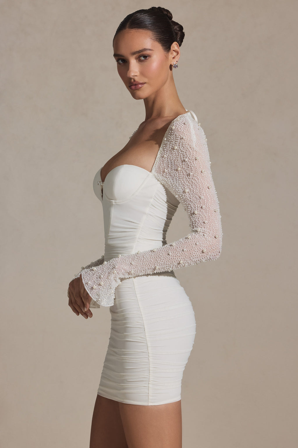 Embellished Long-Sleeve Mini Dress in White